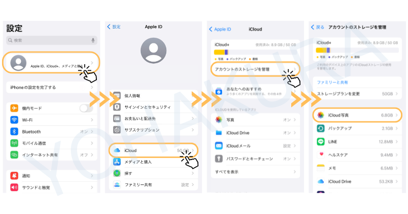 iCloudの使用状況を確認する方法は、設定アプリ、ユーザー名、iCloud、アカウントのストレージを管理、iCloud写真の順で確認できます。